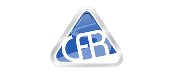Blaues dreieckiges Logo mit den Buchstaben "FR".